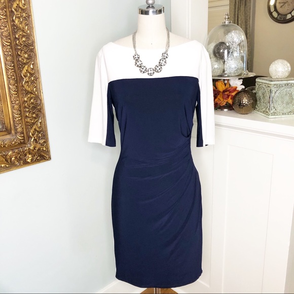 Chaps Dresses & Skirts - Chaps Navy Blue & White Ruched Sheath Dress